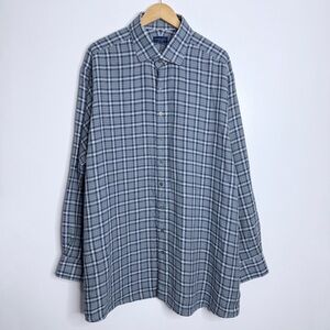 Proper Cloth Men's 100% Linen Navy Plaid‎ Long Sleeve Button Up Shirt 18.5-36